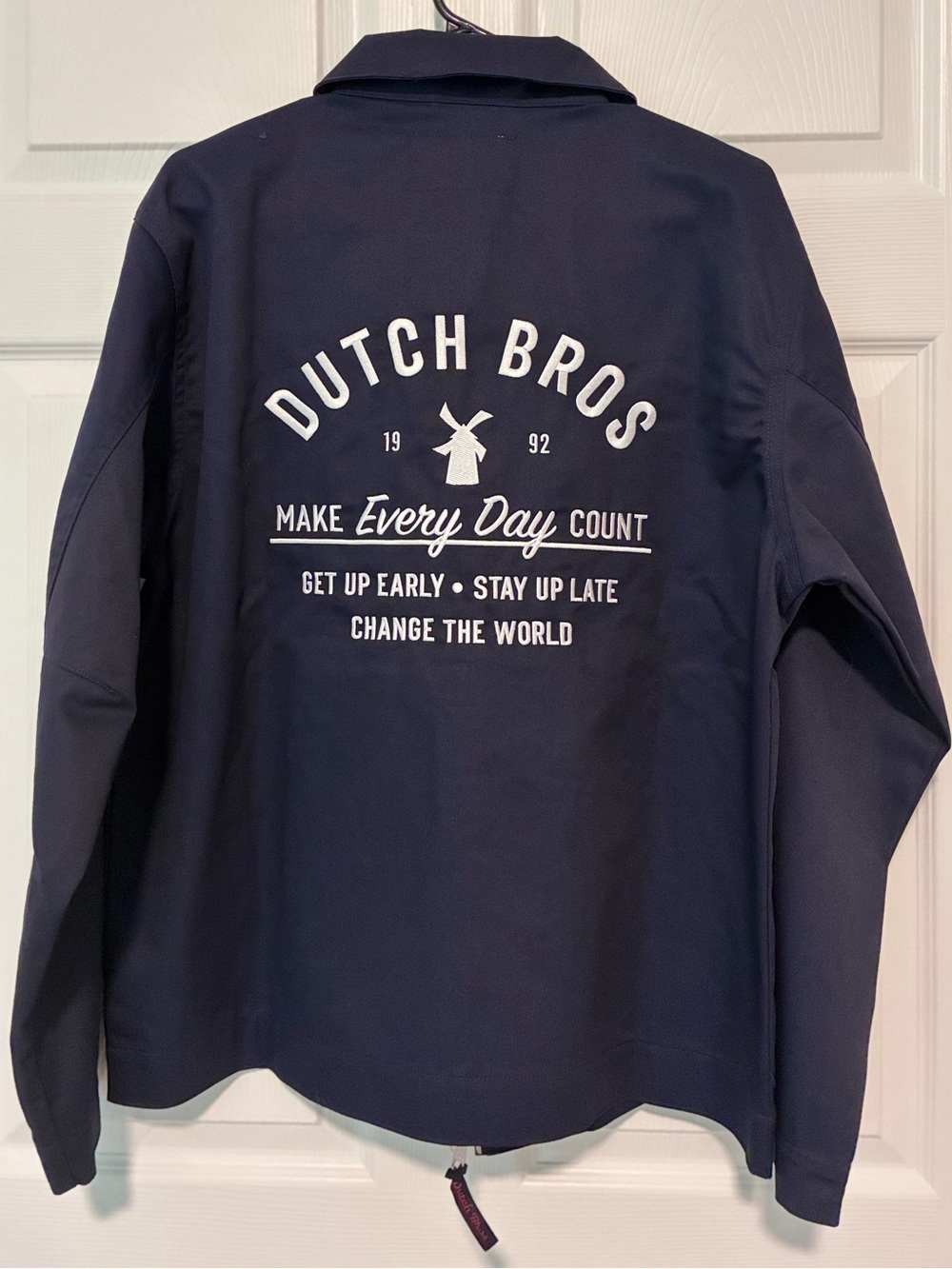 Dutch Bros Navy Jacket with White Label— NEVER WORN